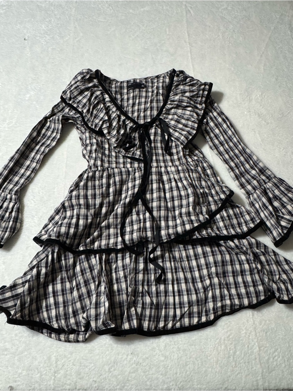 ASOS Black and White Plaid Ruffle Tiered Long Sleeve Dress NWT